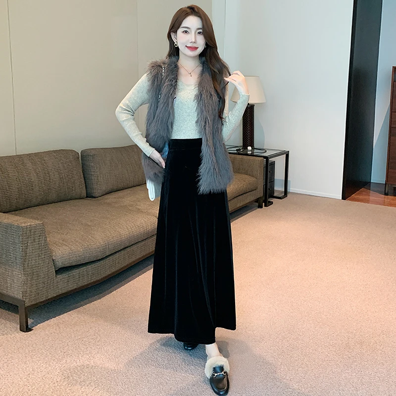 金丝绒半身裙女春秋2025新款高腰垂感A字裙复古显瘦丝绒半身长裙