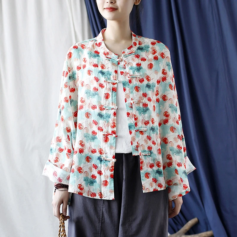 （樱桃）棉麻衬衫女秋中国风复古盘扣立领大码文艺印花苎麻上衣开衫