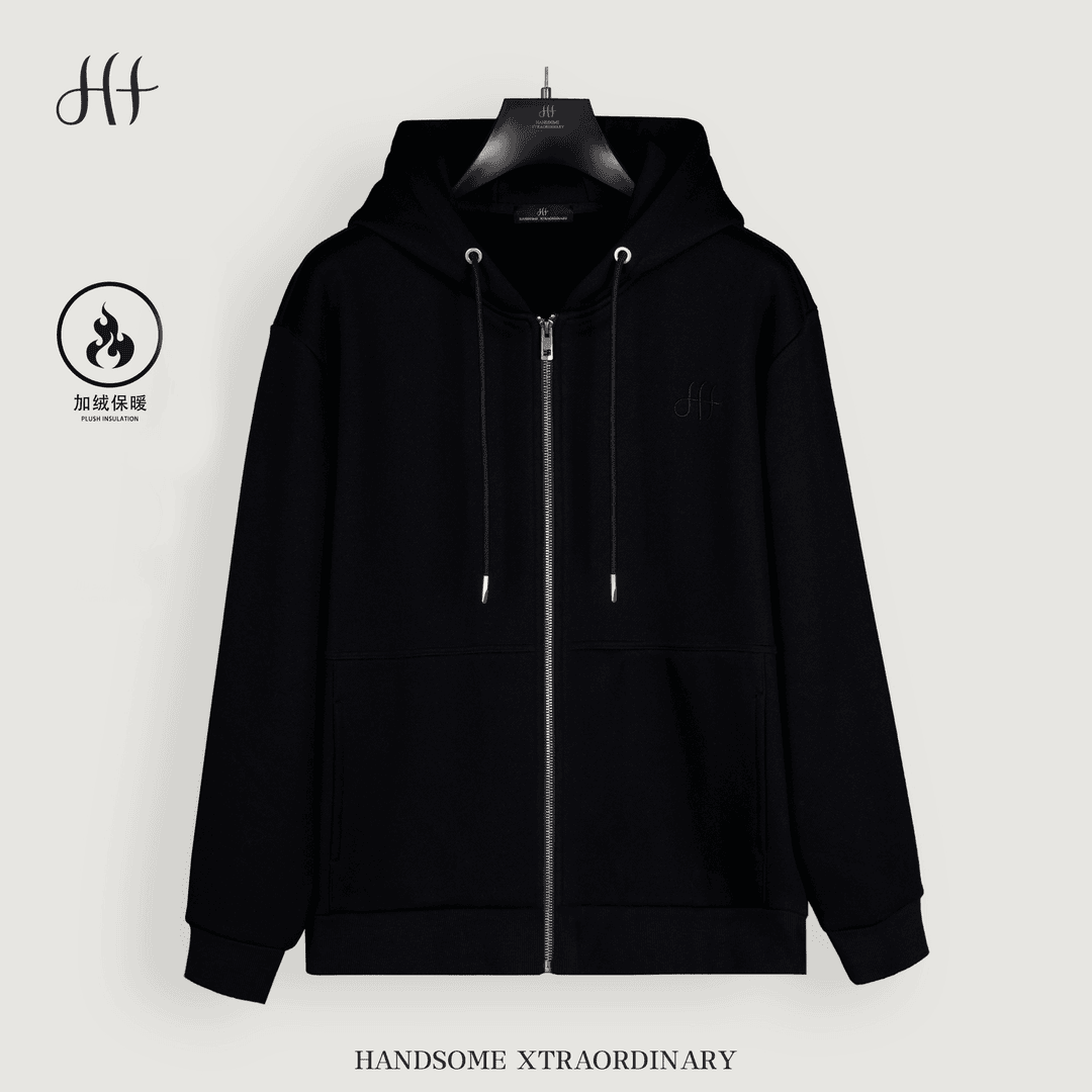 【HX-2024春季新品】超柔斜纹双面-经典黑标-连帽帽绳拉链外套