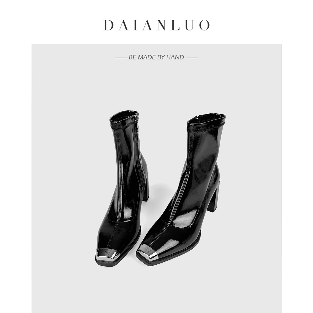 【跟高6cm】秋冬高跟短靴女粗跟方头瘦瘦靴弹力靴显瘦百搭靴肯豆靴