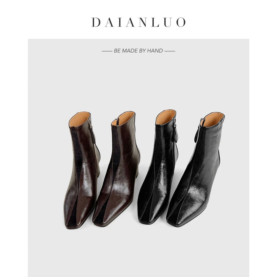 【跟高5cm】真皮复古高跟短靴弹力靴女粗跟瘦瘦靴方头显瘦秋冬新款