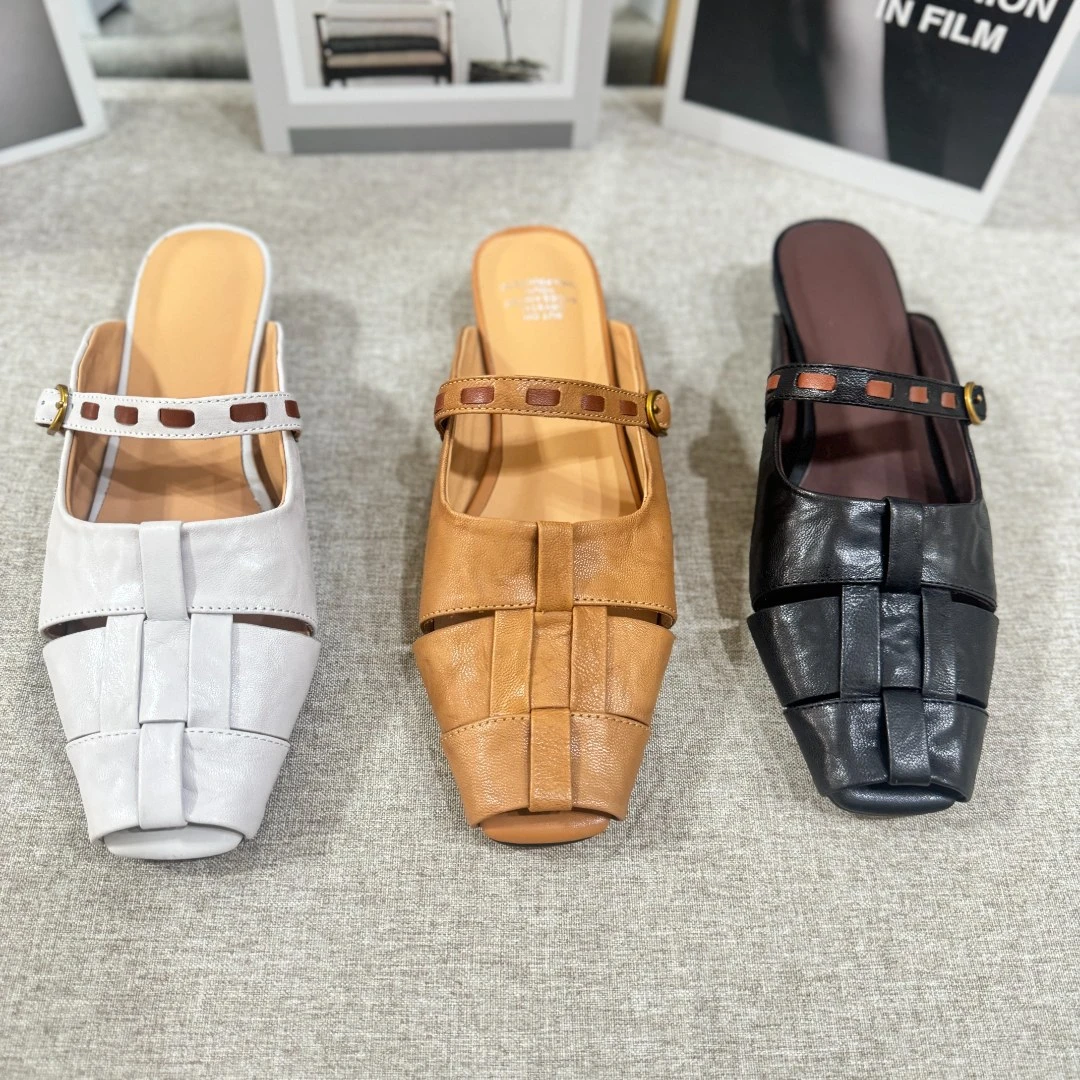2024时尚镂空方头低跟2厘米春夏真皮女鞋拖鞋复古编织羊皮半拖