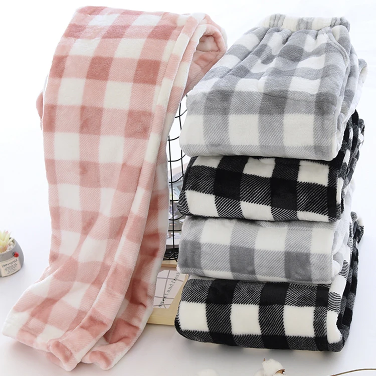 珊瑚绒睡裤女秋冬季长裤法兰绒男可外穿懒人宽松大码加厚裤暖暖裤