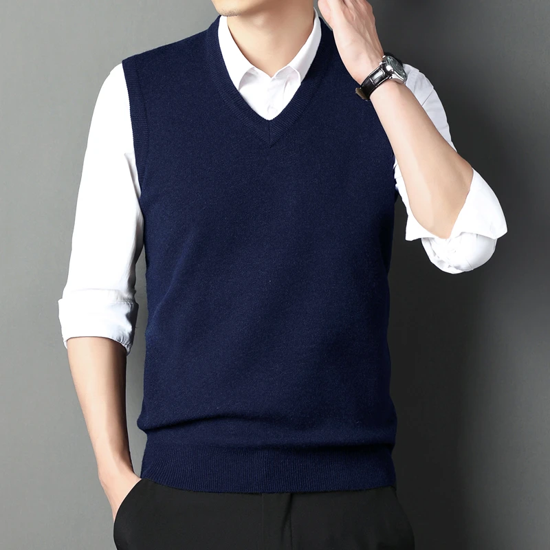 100%纯羊毛衫背心男款冬季加厚保暖休闲V领纯色毛衣商务休闲男装