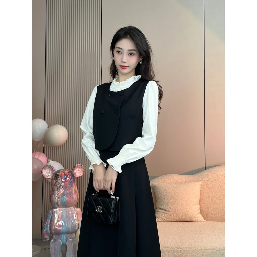 X'XIAO 法式假两件连衣裙秋季新款高级感韩剧穿搭3558