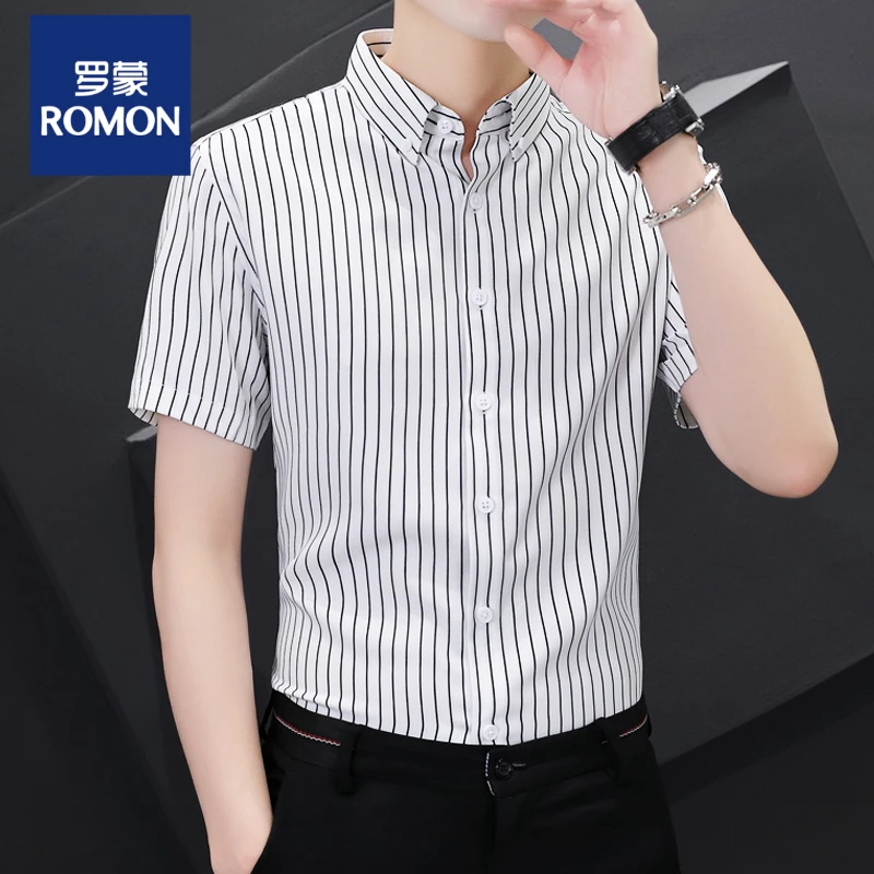 弹力抗皱细条纹衬衣男士夏季商务休闲短袖衬衫修身免烫薄款中青年
