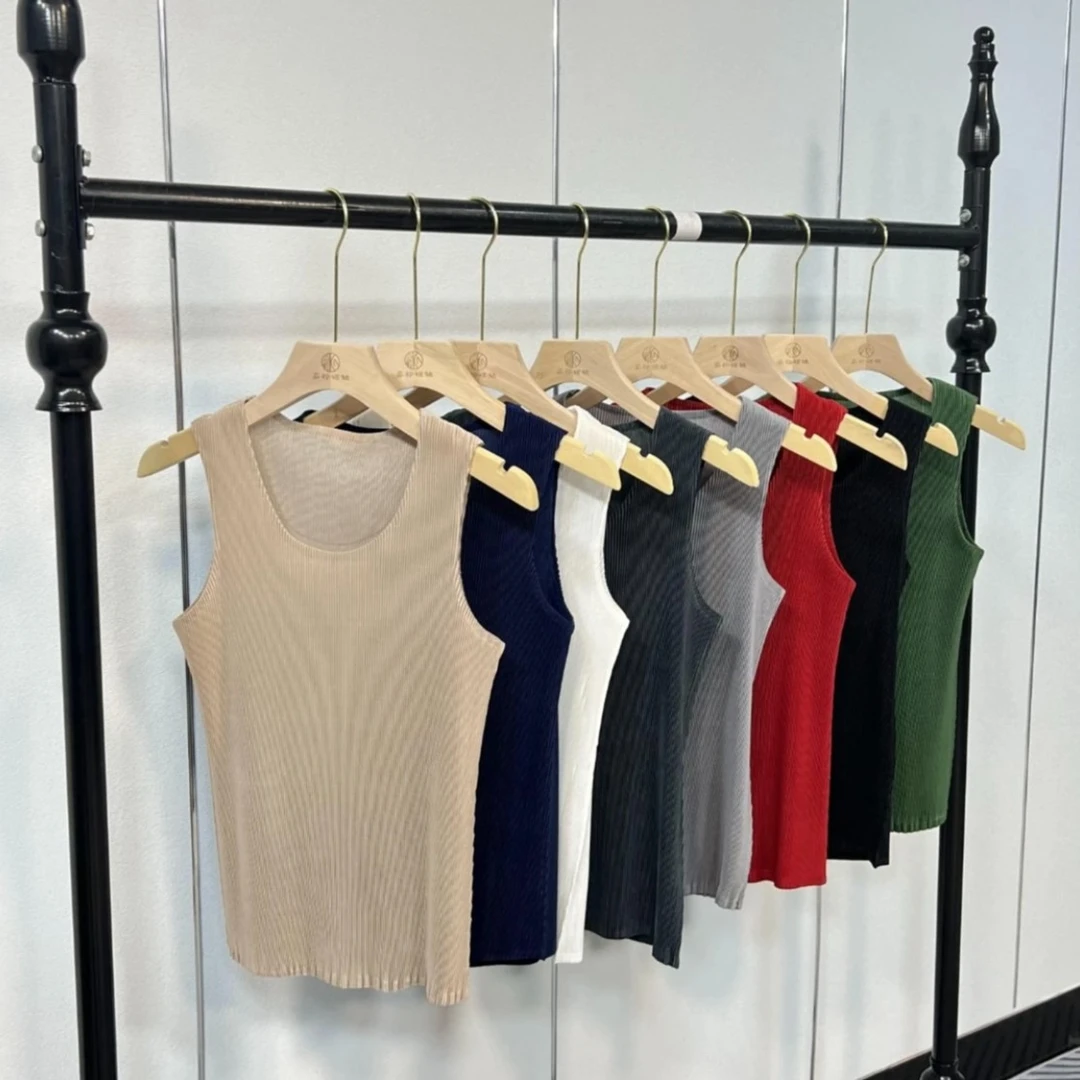 背心时尚百搭打底显瘦网红纯色女士气质ins弹力褶皱无缝无袖