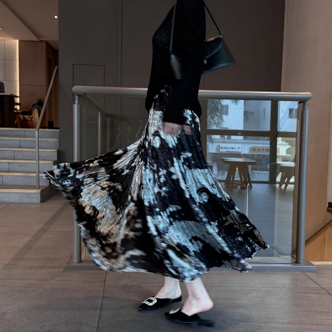 【金粉世家】流光金吸晴气质高腰中长款显瘦时尚轻奢褶皱A型大摆裙