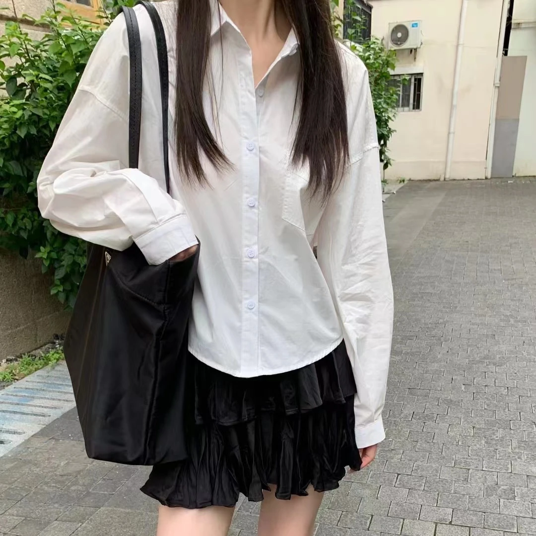 秋季气质白色纯色衬衣长袖时尚休闲百搭小众宽松设计感