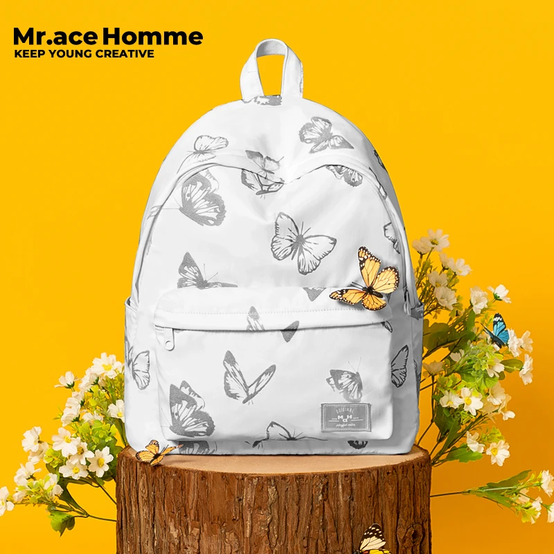 Mr.ace Homme双肩包女百搭学生上课书包反光蝴蝶大容量休闲背包男