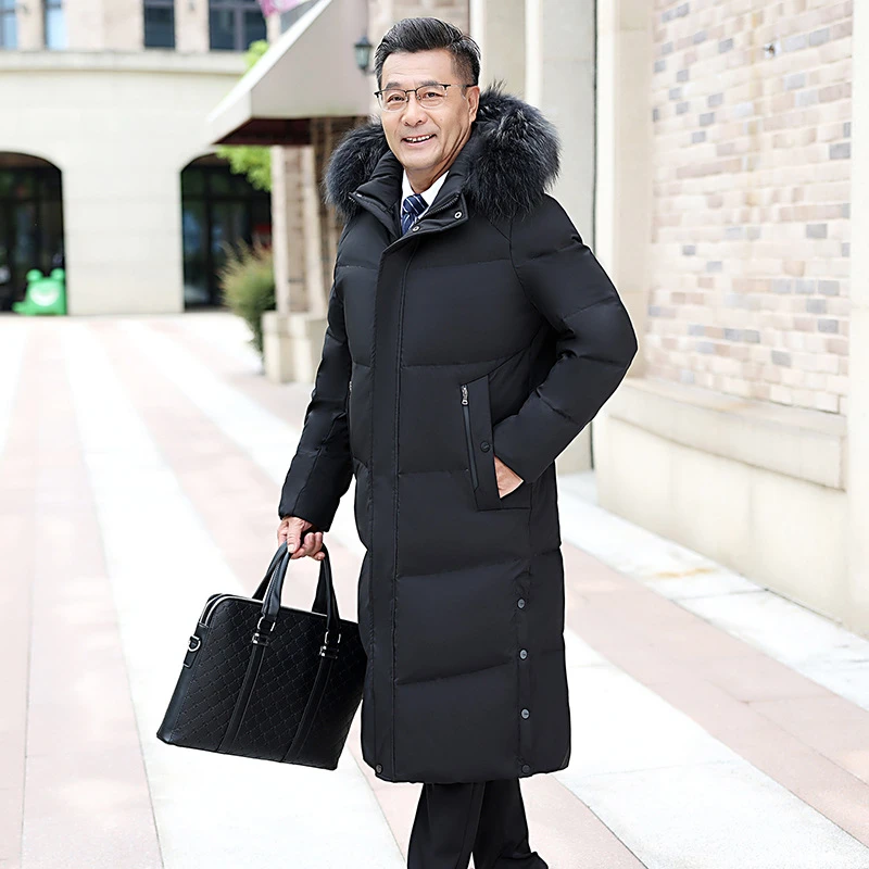 中老年羽绒服男士长款加厚拆卸毛领休闲过膝加长大衣爸爸冬装外套