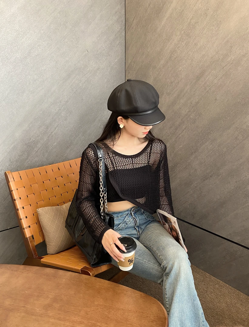 【351-400】东莞妍度服饰针织上衣时尚镂空薄款显瘦百搭   下播勿拍