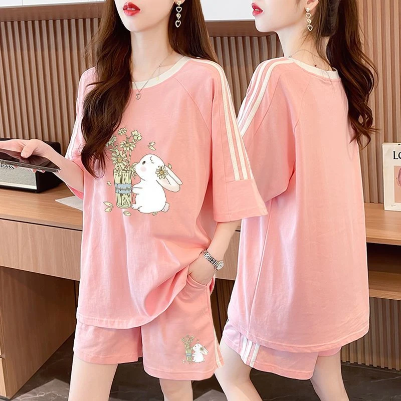 休闲宽松纯棉韩版运动套装女夏季新款网红条纹短袖短裤时尚两件套