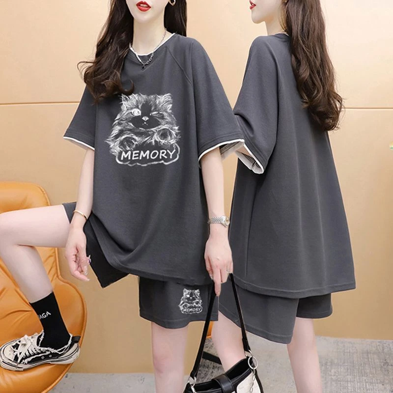 胖mm大码纯棉短袖T恤+短裤套装女2024夏季新款韩版宽松运动两件套