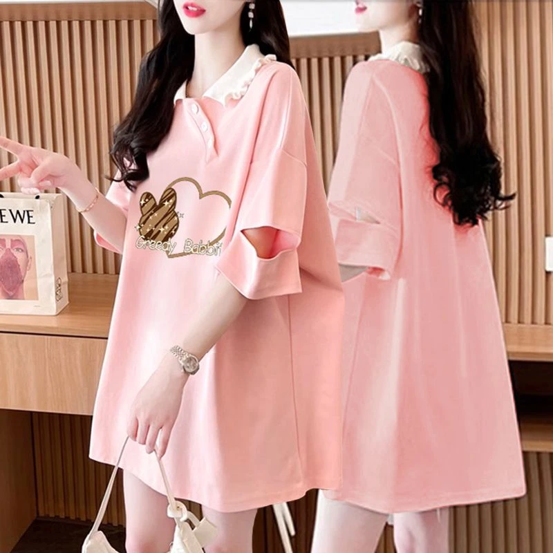 设计感小众纯棉显瘦Polo领短袖T恤女夏季新款大码中长款半袖上衣