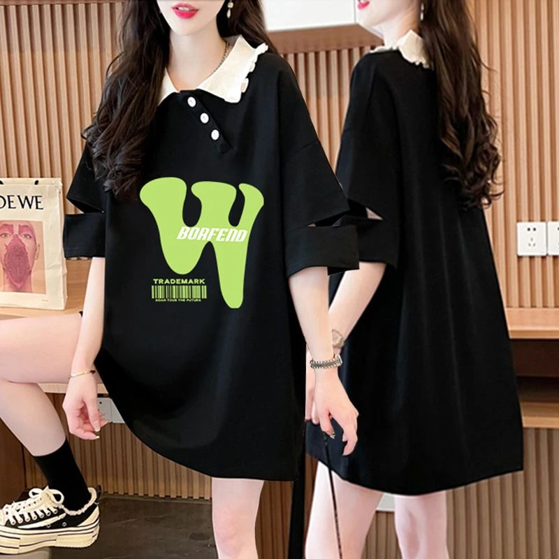 韩版大码纯棉Polo领显瘦设计感短袖T恤女夏季新款中长款半袖上衣