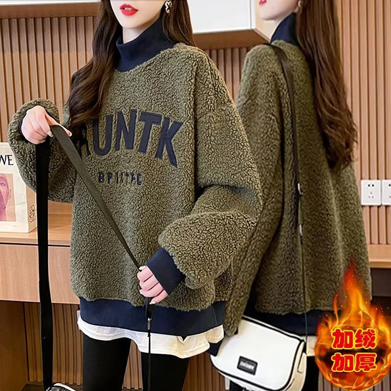 秋冬季立领保暖羊羔绒加厚卫衣女2024新款韩版宽松中长款休闲上衣