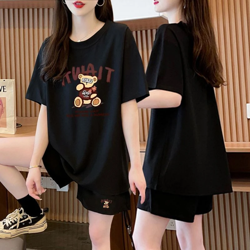 胖mm大码外穿纯棉休闲运动套装女夏季新款韩版短袖短裤网红两件套