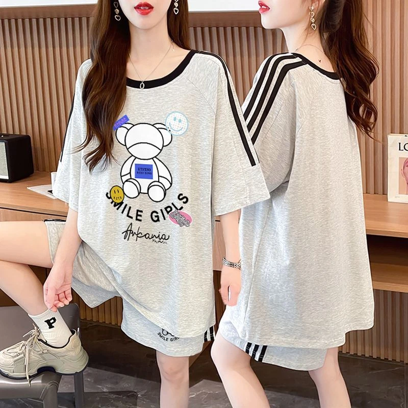 纯棉休闲宽松运动套装女2024夏季新款韩版百搭短袖短裤网红两件套