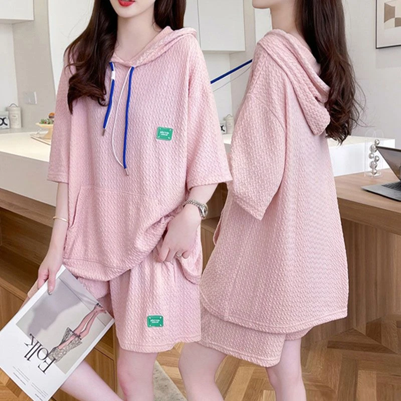 胖mm大码运动两件套女2024夏季新款减龄连帽短袖短裤休闲套装潮