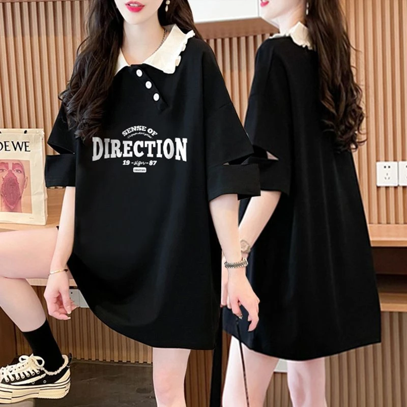 胖mm大码纯棉Polo领短袖T恤女夏季2024新款韩版网红半袖体恤上衣