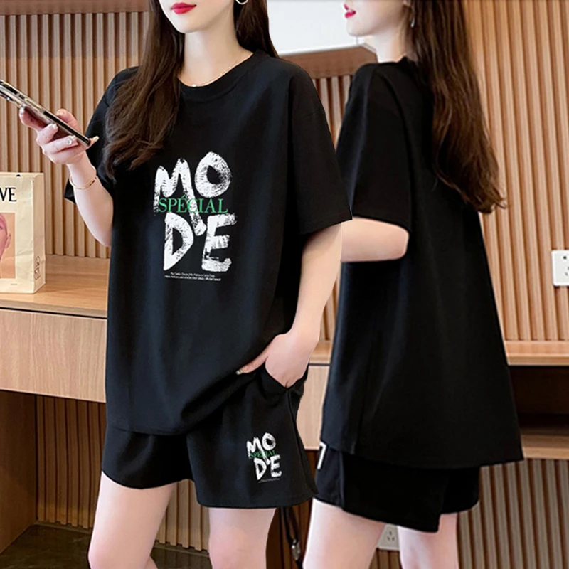 夏季休闲运动套装女2024新款韩版百搭胖mm大码短袖短裤网红两件套
