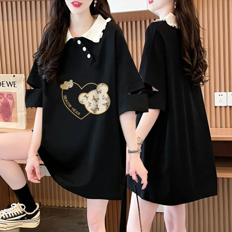 胖mm大码纯棉设计感拼接Polo领短袖T恤女夏季中长款显瘦半袖上衣