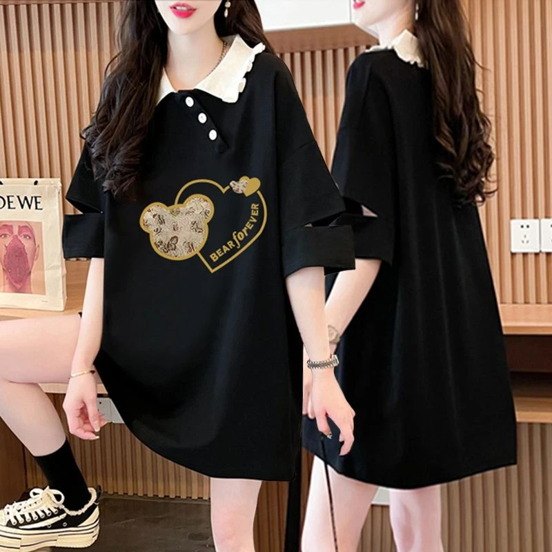 胖mm大码纯棉Polo领短袖T恤女夏季新款韩版中长款设计感拼接上衣