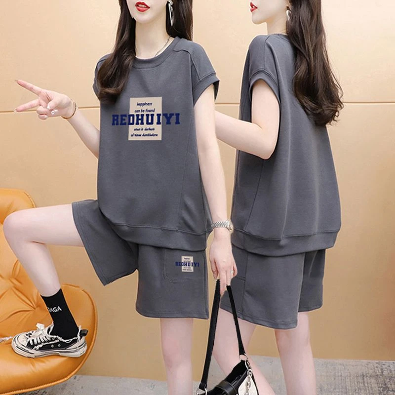 胖mm大码纯棉休闲运动套装女2024夏季新款韩版短袖短裤网红两件套