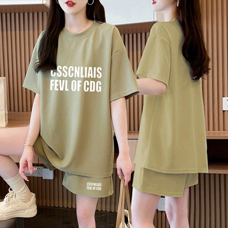 夏季纯棉百搭短袖T恤+短裤两件套女2024新款胖mm宽松休闲运动套装