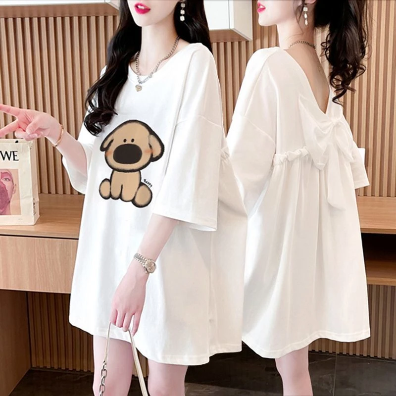 纯棉蝴蝶结露背短袖T恤女2025夏季新款网红洋气中长款半袖上衣服