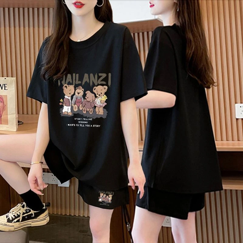 休闲宽松纯棉运动套装女夏季2024新款韩版百搭短袖短裤网红两件套