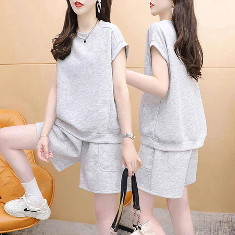 休闲运动套装女夏季2024新款百搭纯棉上衣+短裤时尚跑步服两件套