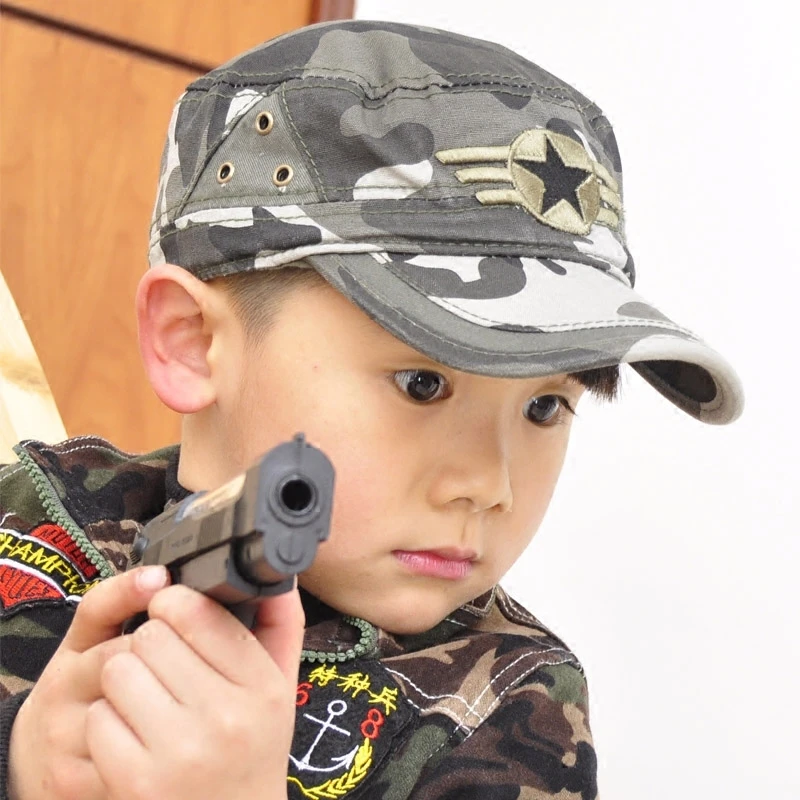 儿童平顶帽纯棉透气防晒帽子军绿帽学生野外训练迷彩帽子五星男童