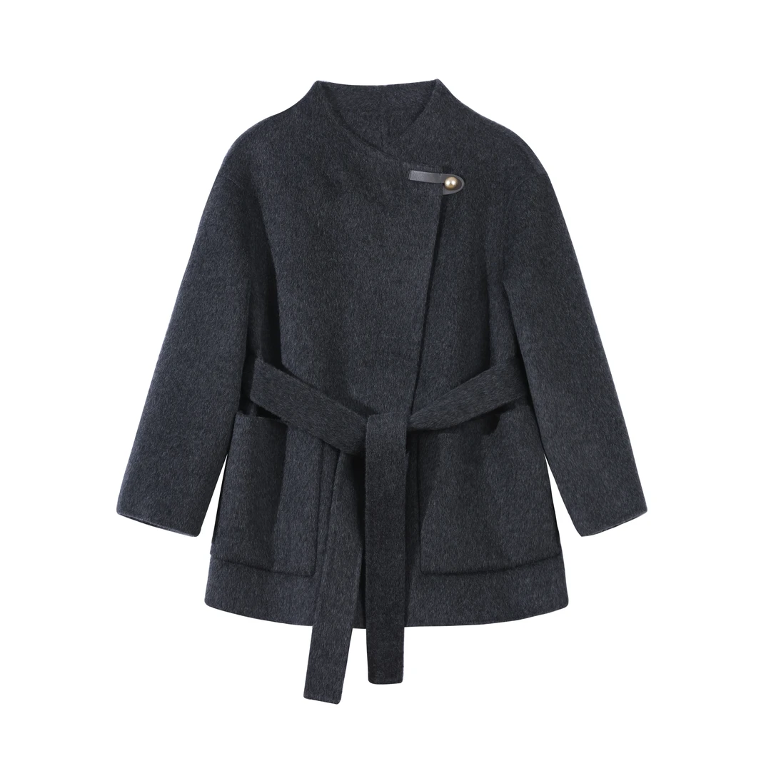 【林榫贸易】100%羊毛设计师款一粒扣腰带简约时尚双面呢外套