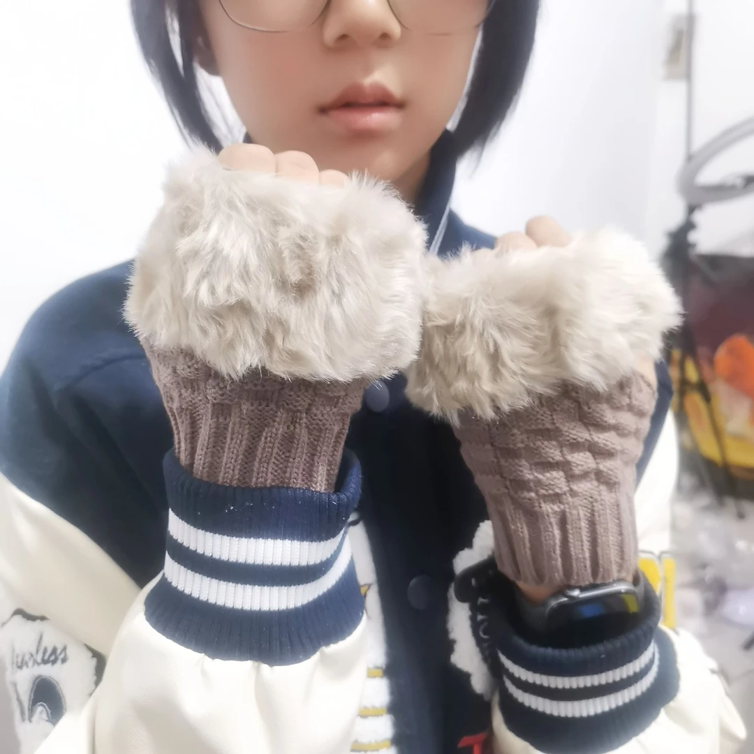 韩版百搭短款秋冬保暖毛线针织学生半指手套半截露指毛绒女士手套