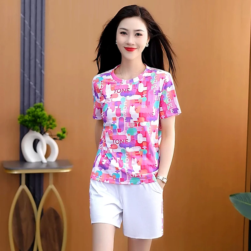 短袖短裤两件运动套装夏季女士时尚印花圆领T恤百搭短裤休闲装夏