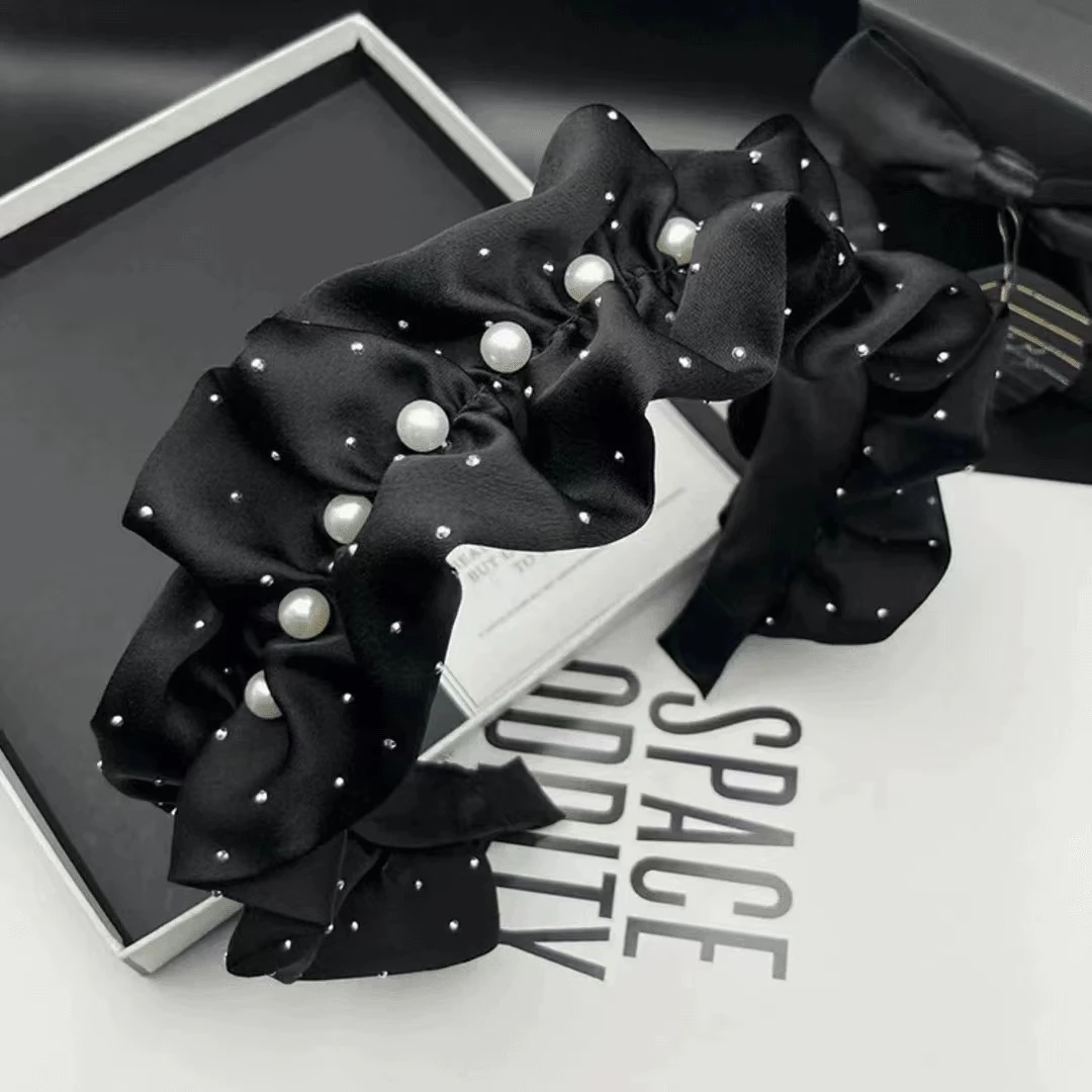 高级感黑色珍珠高颅顶发箍网纱水钻气质褶皱大肠宽边韩版轻奢发卡