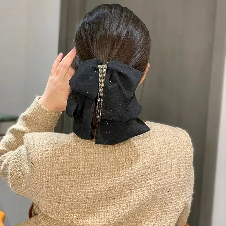 精致满天星蝴蝶结流苏抓夹气质轻奢百搭黑色小香风发夹带钻抓夹