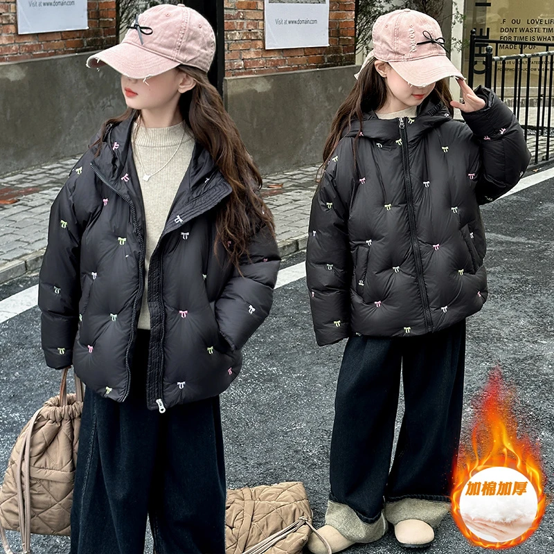 女童蝴蝶结连帽棉衣外套秋冬2024新款中大童洋气棉袄时髦潮酷上衣