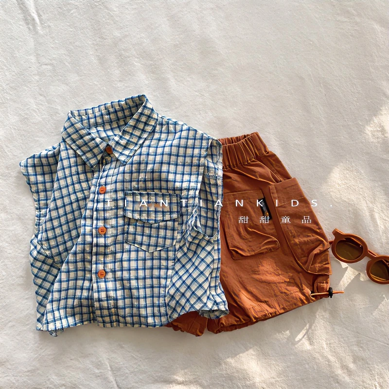 儿童韩版无袖格子衬衫男童2025夏季新款女宝百搭透气拼接翻领衬衣