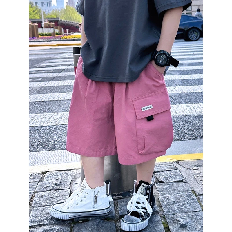 痞帅~男童宽松工装裤短裤儿童休闲五分裤2023新款宝宝纯色裤子潮