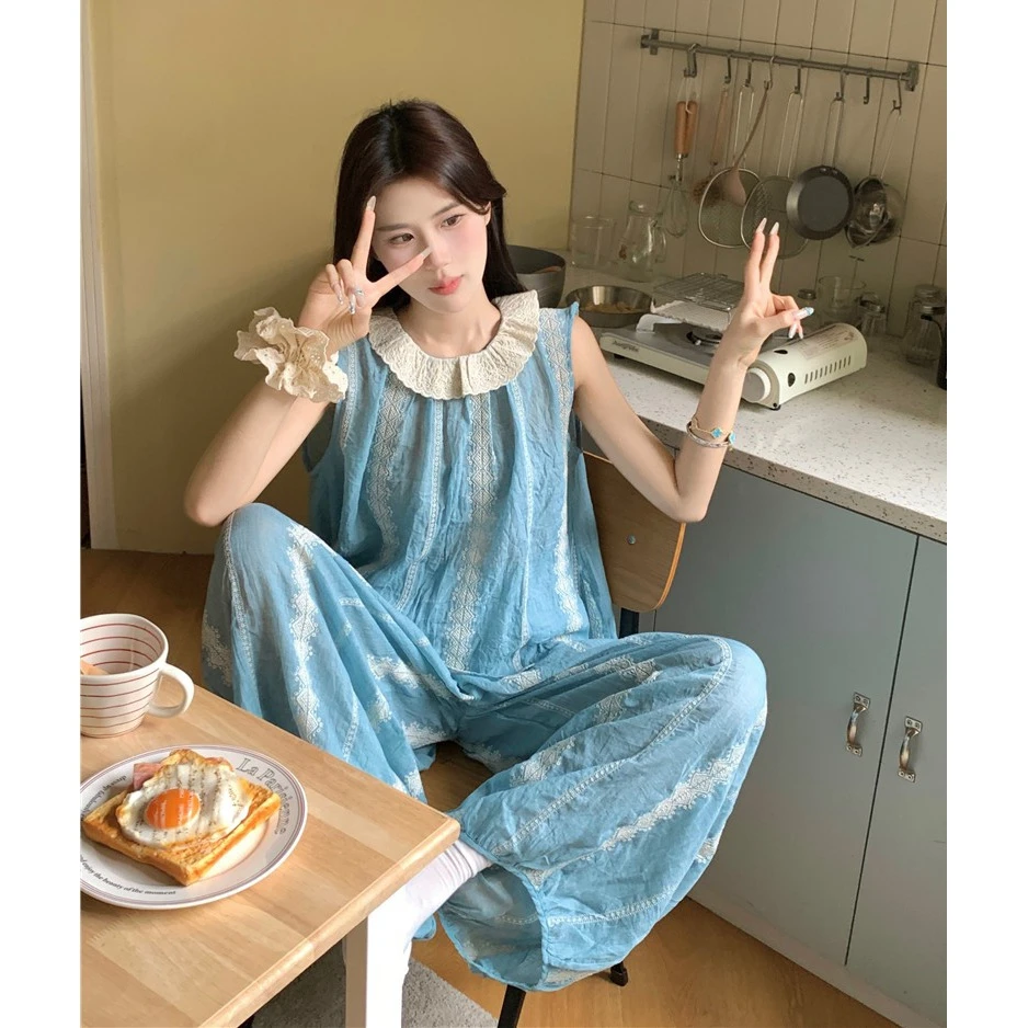 韩版宽松亲肤舒适简约印花外穿背心长裤慵懒风遛弯家居服