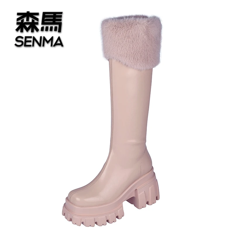 SENMA/森马9cm厚底毛毛靴女冬季高跟长筒靴圆头时尚瘦瘦靴骑士靴