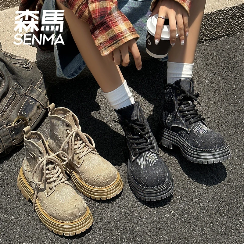 SENMA/森马5cm爆款马丁靴女2024年秋季新款厚底百搭小短靴大头靴