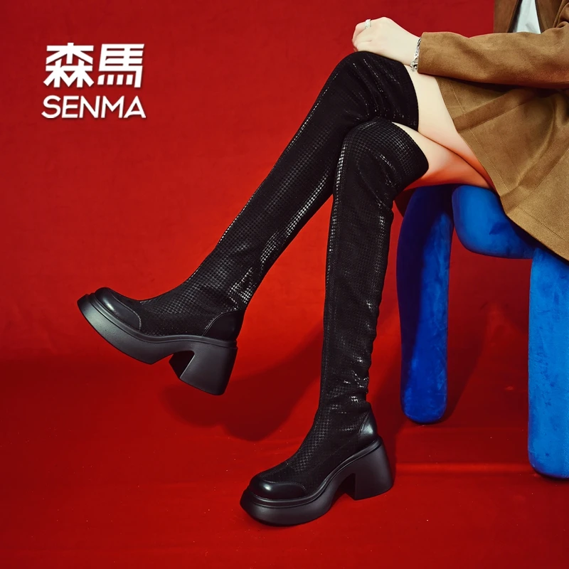SENMA/森马8cm厚底粗跟黑色过膝靴显瘦小个子高跟弹力长靴KA1255