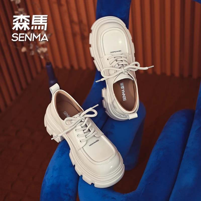 SENMA/森马7cm真皮系带乐福鞋女春方头深口单鞋厚底粗跟高跟鞋