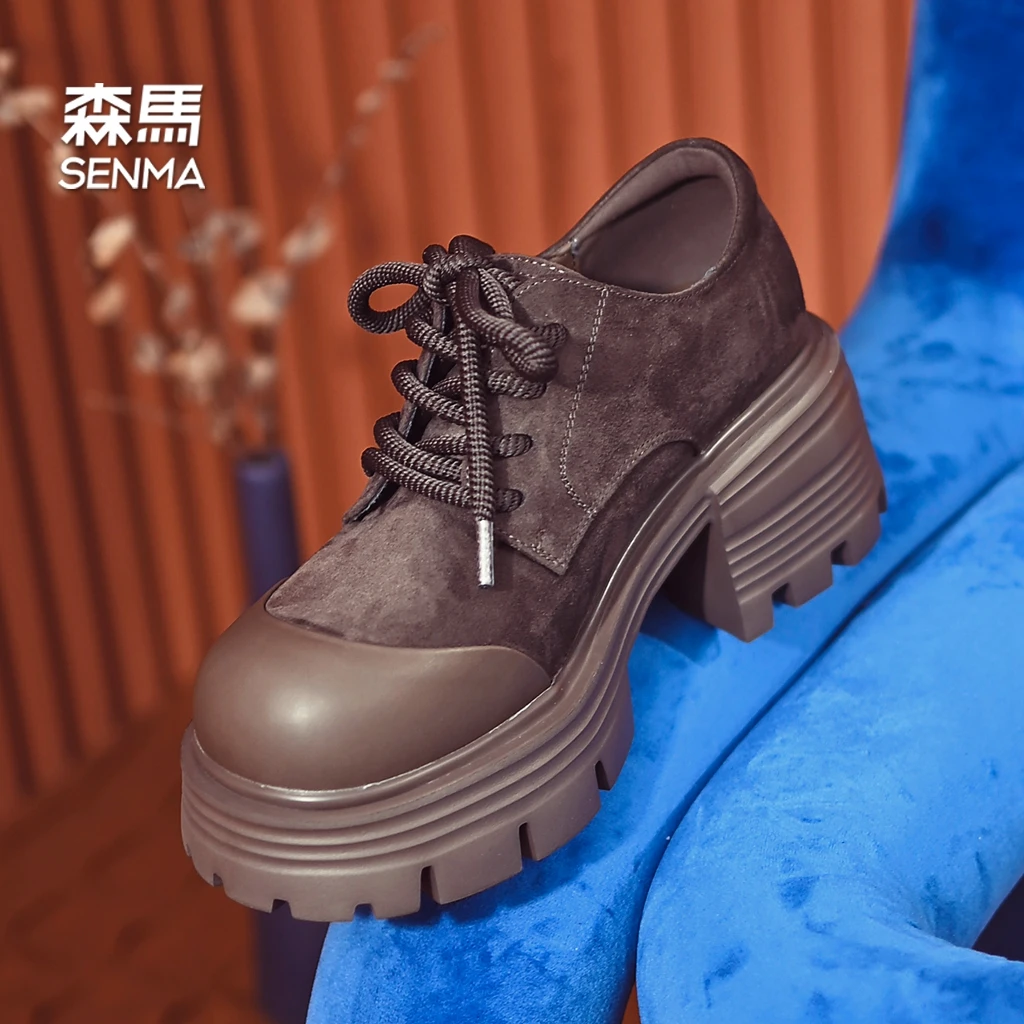 SENMA/森马7cm欧美爆款拼接乐福鞋女潮英伦风深口单鞋粗跟高跟鞋