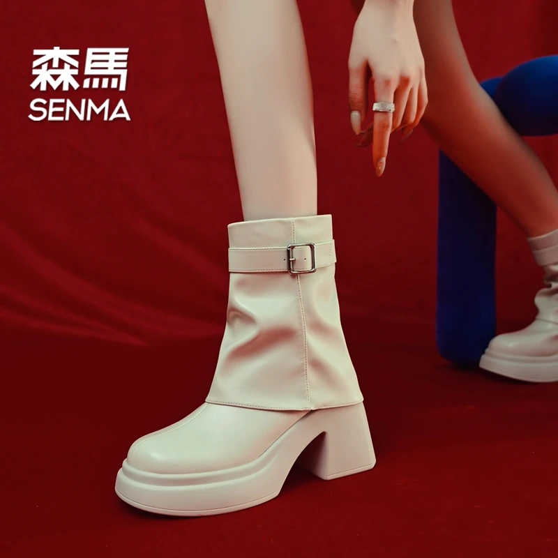 SENMA/森马8cm高跟方头短靴女厚底裤管靴潮粗跟时尚瘦瘦靴马丁靴