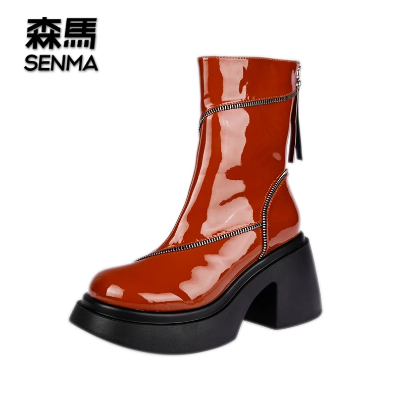SENMA/森马8cm时尚粗跟厚底圆头短靴小众设计感拉链高跟靴KA1293